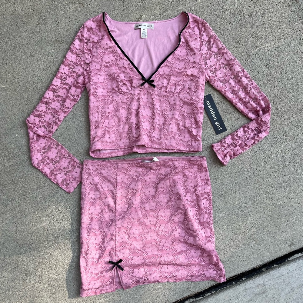 Madden Girl Mauve Y2K Lace Skirt Set